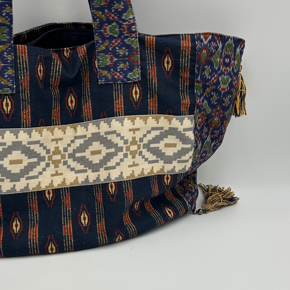 Free People Basel Tassel Tote Bag Boho Chic Tote Bag Navy Blue Canvas Hippie - Picture 10 of 14